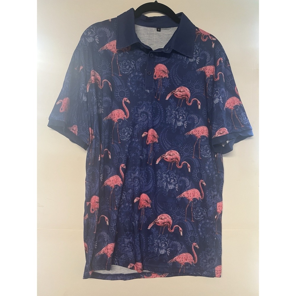 Flamingo Print Men's Polo Shirt Size‎ M Navy Blue Tropical All Over Print Preppy
